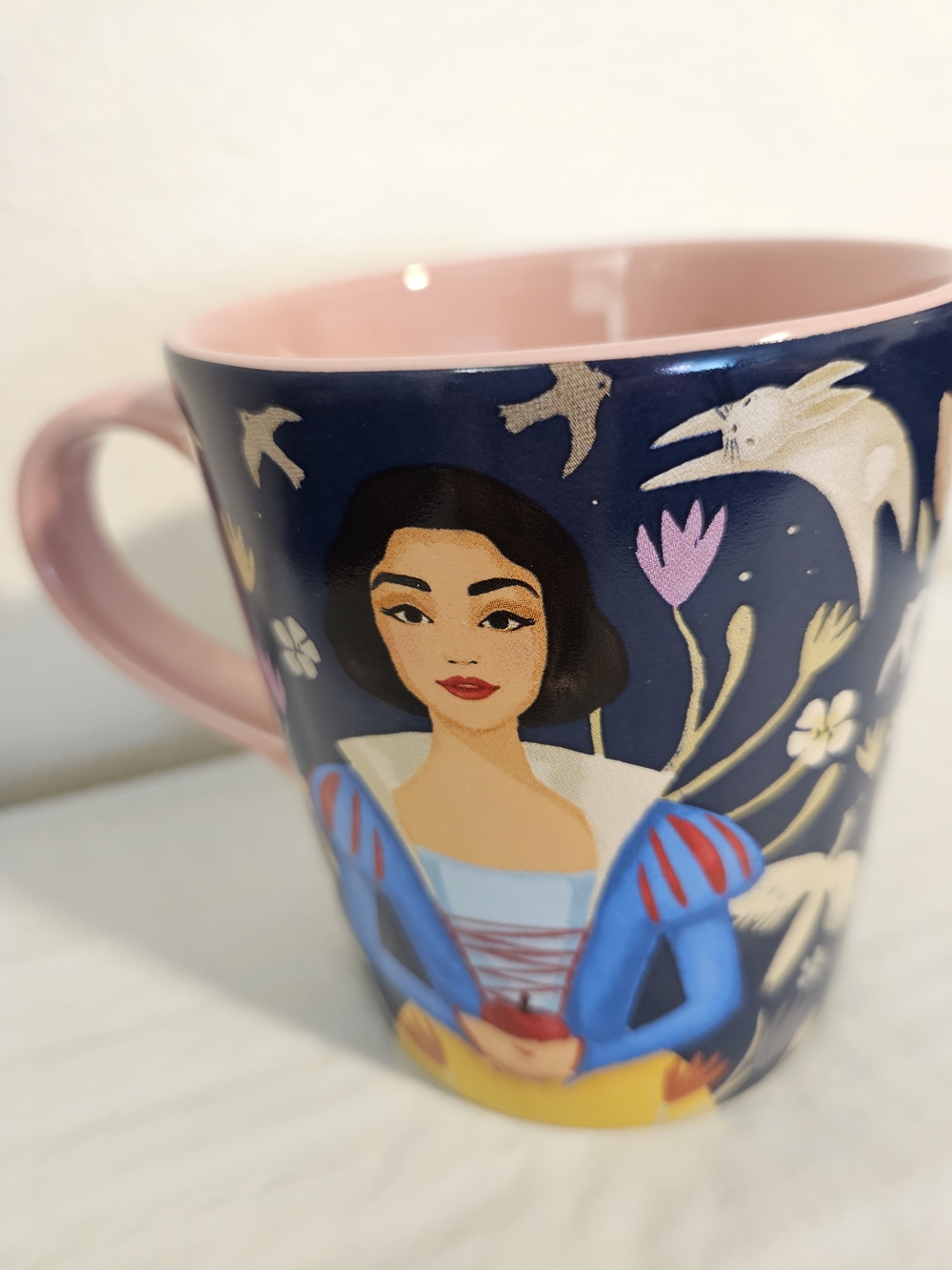 Snow White on one side and the Evil Queen on the other, set against a dark Mug